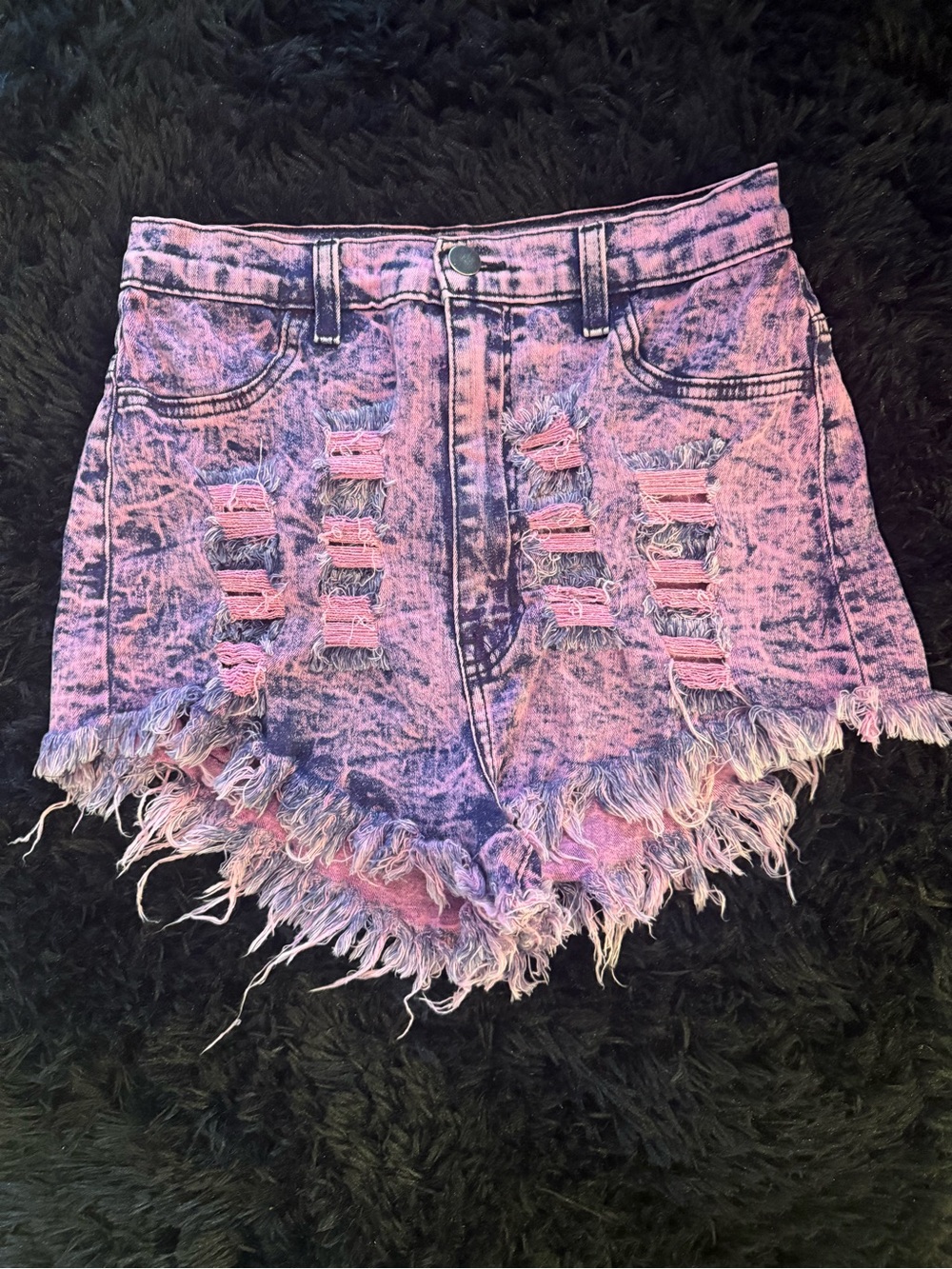 Pink Acid Wash Distressed Denim Shorts Size L High Rise Frayed Y2K Grunge